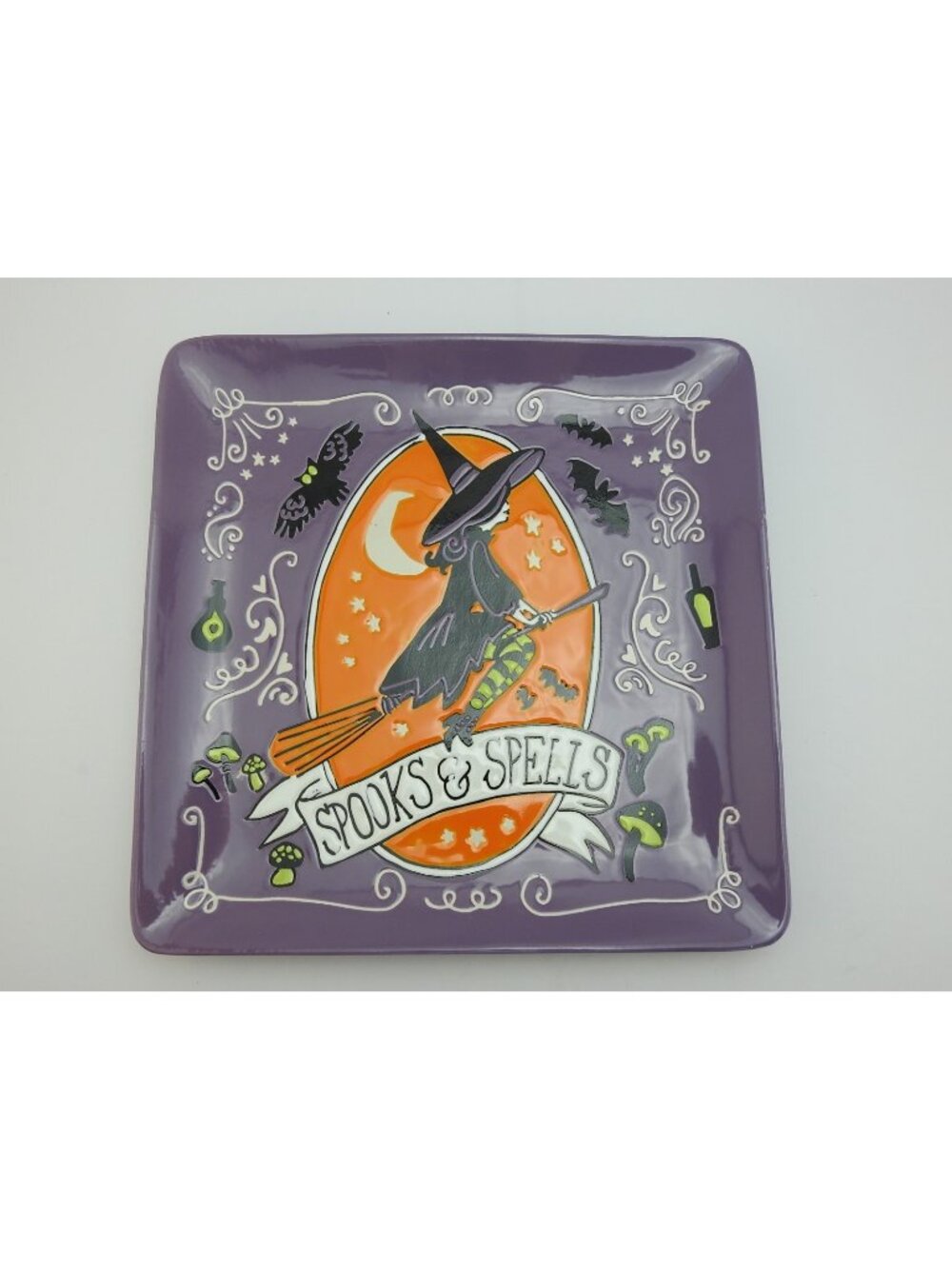 Eli & Ana Halloween Spooks & Spells Witch Square Plate 11" Purple Orange
